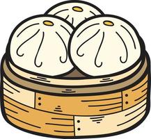 pão cozido no vapor desenhado à mão com bandeja de bambu ilustração de comida chinesa e japonesa vetor
