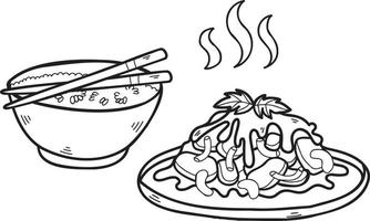arroz desenhado à mão com legumes fritos ilustração de comida chinesa e japonesa vetor
