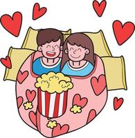mão desenhada homem e mulher assistindo a um filme em uma ilustração de cobertor vetor