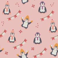 pinguins engraçados bonitos dos desenhos animados com roupas quentes e pirulitos à espera de férias. ilustração vetorial de inverno para crianças imprimir em fundo rosa. vetor