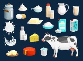 leite, iogurte, queijo, manteiga, creme e ícones de vaca vetor
