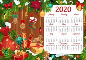 calendário de ano novo com presentes de natal, árvore de natal vetor