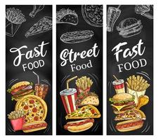 hambúrgueres de fast food, cachorros-quentes, refrigerantes e pizza vetor