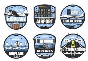 companhias aéreas e aeroporto, voos, ícones da aviação vetor