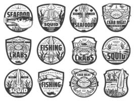 ícones esportivos de pesca marítima, emblemas vetoriais vetor