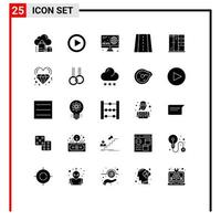 25 sinais de glifos sólidos universais, símbolos de gabinete, passatempos domésticos, maneira, perspectiva, elementos de design de vetores editáveis