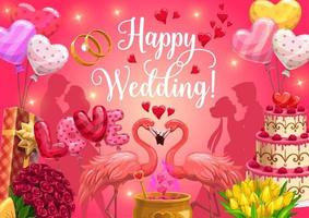 caligrafia de casamento feliz, balões de coração e bolo vetor