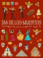 dia mexicano do crânio morto, esqueleto e cemitério vetor