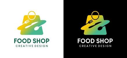 design de logotipo de comida, ilustração vetorial de compras de comida com sacola de compras e mix de talheres vetor