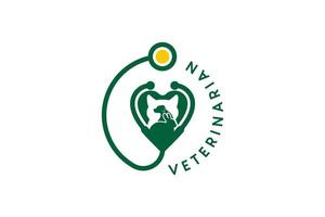 design de logotipo veterinário com silhueta animal no estetoscópio vetor