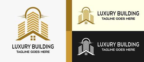 modelo de design de logotipo de construção, ícone de construção, ícone de casa e sol ou lua em estilo de luxo. logotipo criativo para construção, construção, hotel, apartamento, arquiteto ou habitação. ilustração vetorial vetor