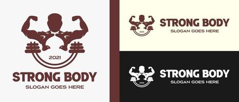 modelo de design de logotipo de vetor de fitness, design de vetor para academia e fitness. ilustração de um homem musculoso com duas águias no peito e um ícone de levantamento de peso