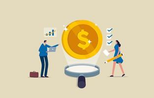 riqueza financeira. balanço da empresa ou lucro da empresa. profissional de investimento ou alfabetização financeira. homens e mulheres de negócios analisando o dólar. ilustração vetor