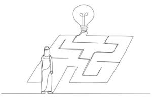desenho do empresário muçulmano árabe procurando a ideia no conceito de labirinto labirinto de alcançar o objetivo. estilo de arte de linha contínua única vetor