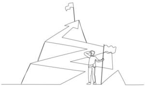 ilustração do empresário com bandeira olhando para a bandeira do topo da seta. estilo de arte de linha única vetor