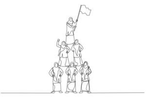 desenho de mulher de negócios muçulmana fazer pirâmide e liderar pelo líder empresarial com bandeira. um estilo de arte de linha contínua vetor