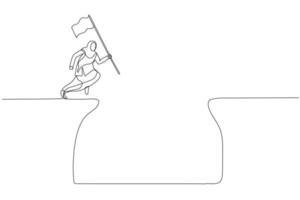 desenho animado da mulher de negócios muçulmana salta sobre a lacuna do penhasco para alcançar o conceito de alvo de negócios de determinação. estilo de arte de linha única vetor