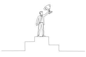 desenho do empresário vencedor do primeiro lugar na mão ascendente do pedestal com taça de ouro. estilo de arte de linha contínua única vetor