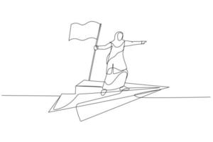 desenho de mulher de negócios muçulmana voando com conceito de avião de papel de descoberta. estilo de arte de linha única vetor