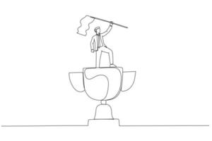 ilustração do vencedor do empresário levantando a bandeira ao ganhar o conceito de troféu da vitória. estilo de arte de linha contínua única vetor