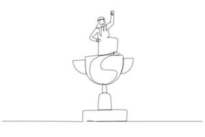 desenho animado do vencedor do empresário árabe levantando a bandeira ao ganhar o troféu obtém a vitória. arte de linha contínua vetor