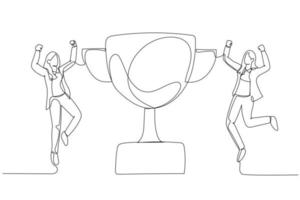 desenho do salto do empregado da mulher de negócios no ar com o conceito do copo do troféu de reconhecimento. arte de linha contínua única vetor