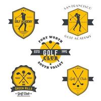 emblemas vintage de golfe, logotipos, distintivos com jogadores de golfe, tacos de golfe cruzados e bola, em cinza e laranja vetor