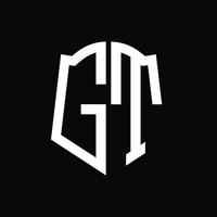 monograma de logotipo gt com modelo de design de fita em forma de escudo vetor