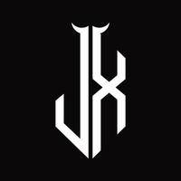 monograma do logotipo jx com modelo de design preto e branco isolado em forma de chifre vetor
