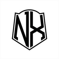 monograma de logotipo nx com modelo de design de contorno de forma de escudo vetor