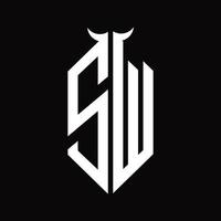 monograma do logotipo sw com modelo de design preto e branco isolado em forma de chifre vetor