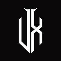 monograma de logotipo ux com modelo de design preto e branco isolado em forma de chifre vetor