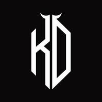 monograma de logotipo kd com modelo de design preto e branco isolado em forma de chifre vetor