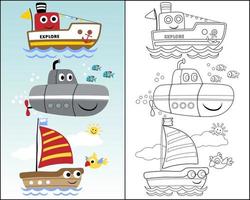 ilustração em vetor de transporte marítimo engraçado com pássaros e peixes. livro de colorir ou página