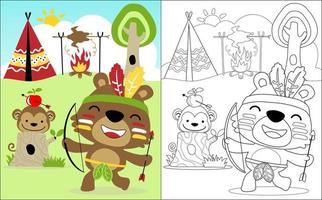 vetor de livro para colorir de urso engraçado e macaco em traje de tribos indígenas jogando arco e flecha