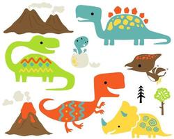 conjunto vetorial de desenhos animados de dinossauros coloridos, vulcões e árvores. vetor