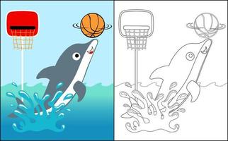 vetor de livro para colorir com golfinho jogando basquete na água
