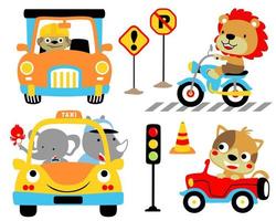 ilustração vetorial de desenhos animados de animais engraçados em veículos, desenhos animados de elementos de tráfego vetor