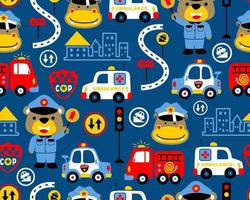 vetor de padrão perfeito com desenhos animados de equipe de resgate de animais, urso e hipopótamo em uniforme policial