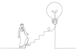desenho animado do empresário árabe começa a andar na linha de eletricidade como escada para lâmpada de grande ideia. criatividade para os negócios. estilo de arte de uma linha vetor