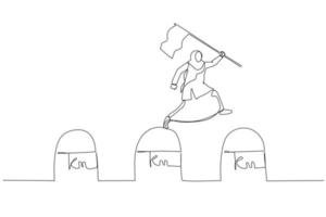 desenho animado de mulher de negócios muçulmana segurando bandeira de sucesso pulando em marcos atingindo o conceito de alvo de marco. estilo de arte de uma linha vetor