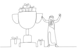 desenho animado do empresário árabe com grande copo vencedor feliz com a conquista. estilo de arte de linha contínua única vetor