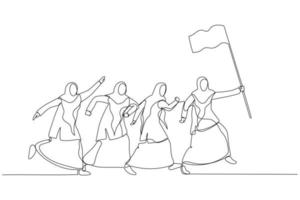 ilustração da mulher muçulmana empresária segura a bandeira e lidera o caminho. estilo de arte de linha única vetor