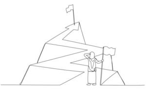 ilustração de muçulmana empreendedora com bandeira olhando para a bandeira do topo da seta. estilo de arte de linha única vetor