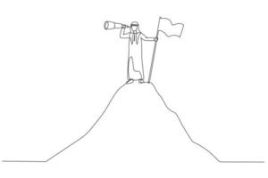 desenho de homem árabe de sucesso segura suporte de luneta ao lado da bandeira no conceito de montanha de oportunidade. arte de linha contínua vetor