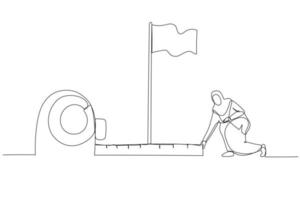 desenho de mulher de negócios muçulmana usando fita métrica para analisar a distância da bandeira alvo. estilo de arte de uma linha vetor