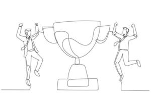 desenho animado do funcionário do empresário pular no ar com o conceito de reconhecimento de copo de troféu. um estilo de arte de linha contínua vetor