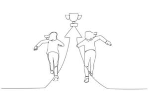 ilustração da empresária motivada correndo na seta mostrando a direção para o caminho do troféu para o sucesso. estilo de arte de linha contínua única vetor