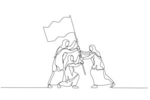 desenho de muçulmana empreendedora com bandeira como símbolo de sucesso e altura. arte de linha contínua vetor