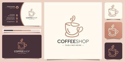 logotipo de design de cafeteria minimalista. xícara de café com grãos de café e modelo de cartão de visita. vetor
